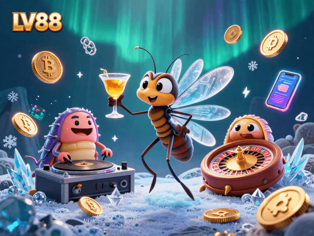 Engage with LV88's exciting casino experience featuring vibrant 3D characters and crypto elements.