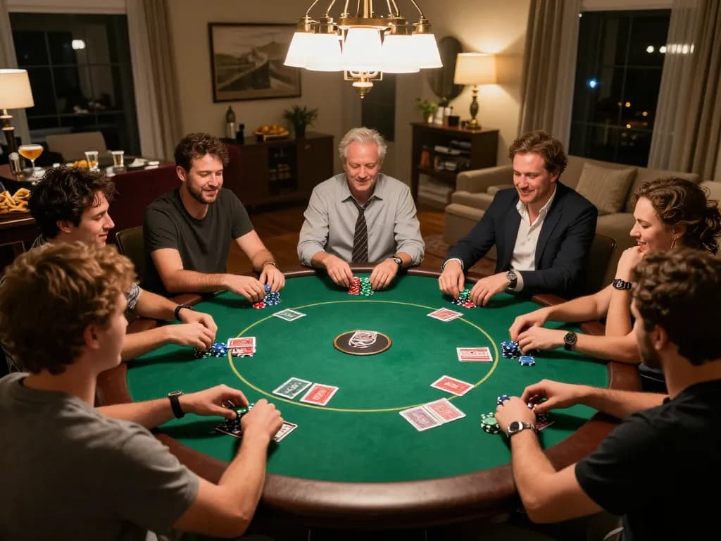 Engaging in a friendly poker night with friends while utilizing the Link truy cập Five88 for online play.