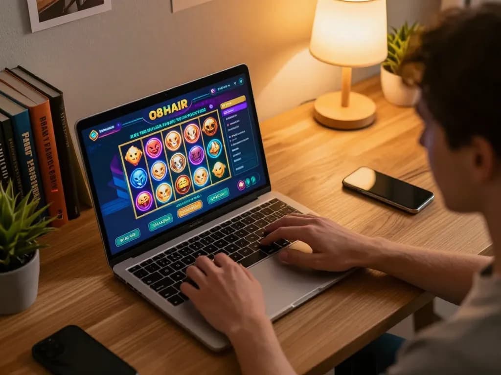 Engaged player using the O8 HAIR casino app in a cozy home setup, showcasing responsible gambling.