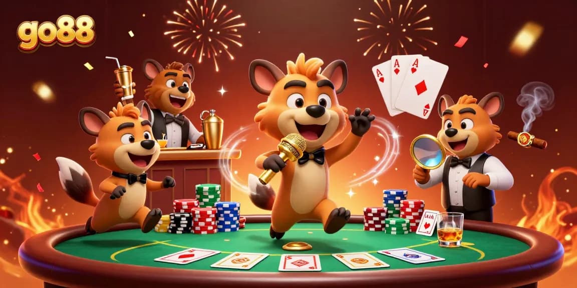 Join the fun at go88's comedy casino with hyenas and lively game elements.
