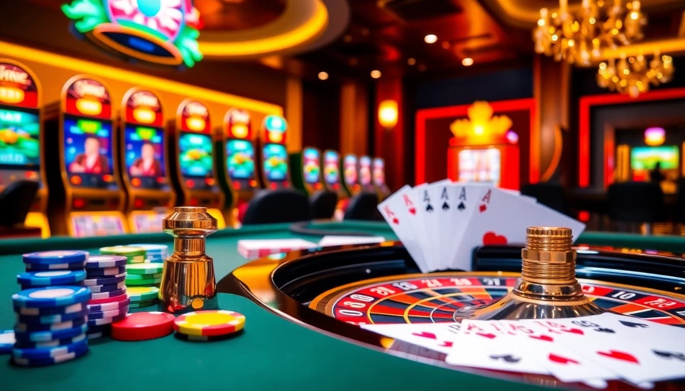 Experience exhilarating gameplay at xx88 with a vibrant casino scene filled with roulette tables and slot machines.