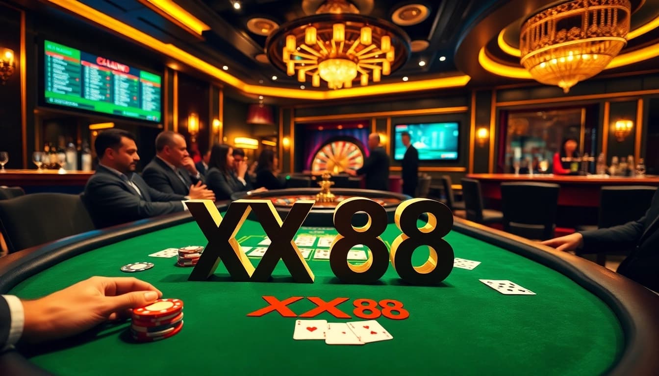 Win big at XX88's luxurious poker table filled with colorful chips and cards.