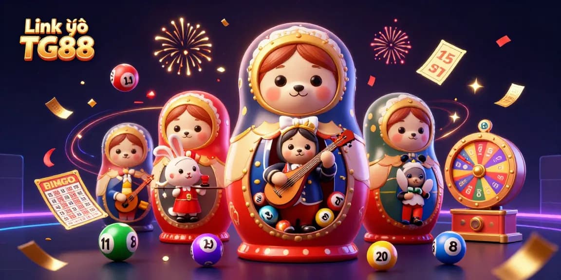 Engage with Link vào TG88 by exploring vibrant casino elements, festive characters, and dynamic lottery games.