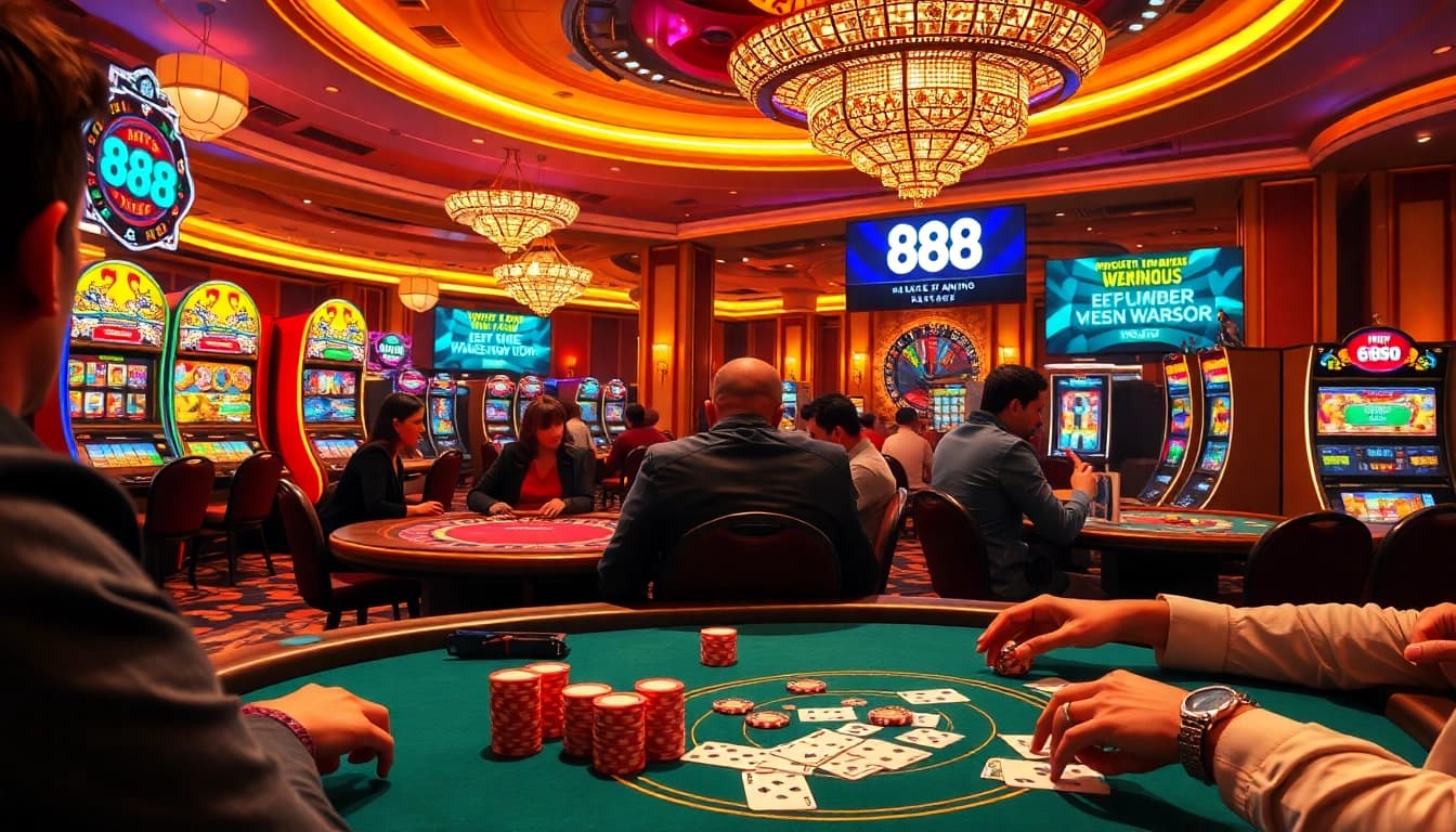 Experience the excitement of gaming at 888new, featuring poker chips and vibrant slot machines.