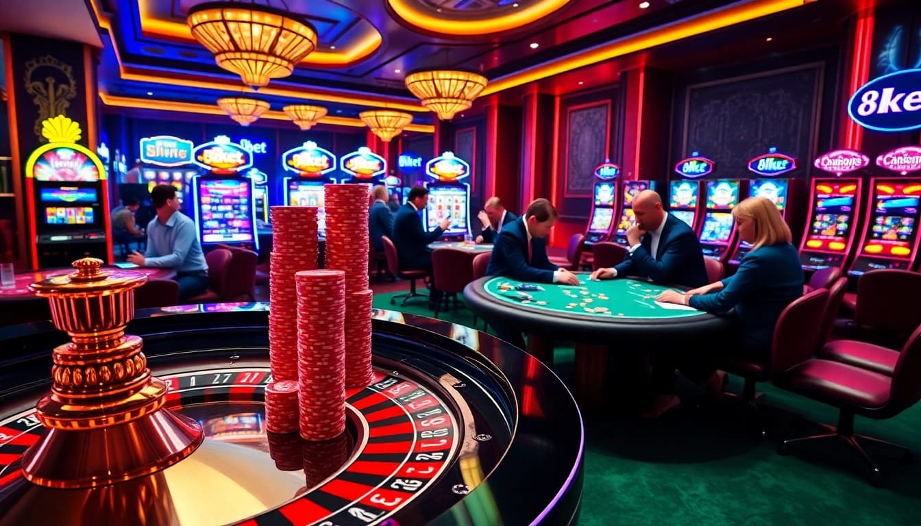 Experience high-stakes gambling with 8kbet in a luxurious casino setting.
