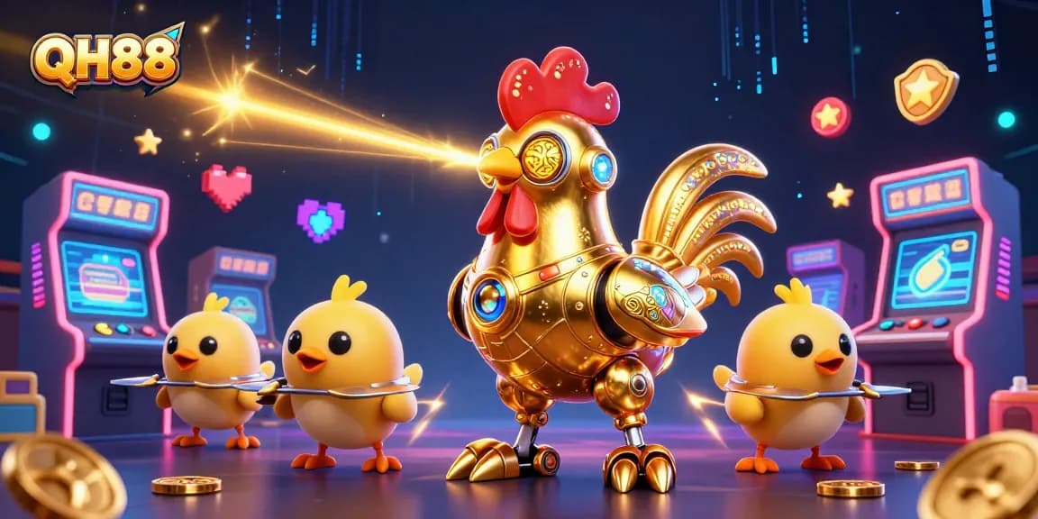 Engage with QH88's vibrant 3D casino illustration showcasing a golden rooster robot and arcade elements.