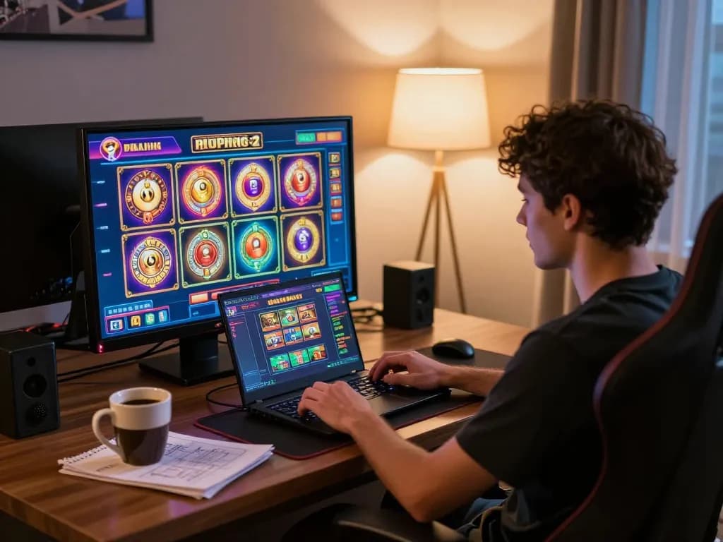 Player enjoying a thrilling online gaming session with hitclub slot interface, highlighting strategic gambling at home.