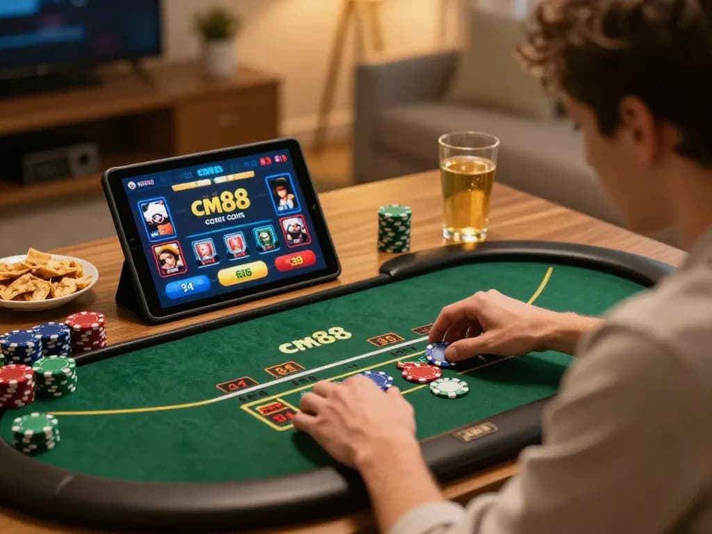 Engaging scene of cm88 com online poker gameplay at home, showcasing strategy and relaxation.