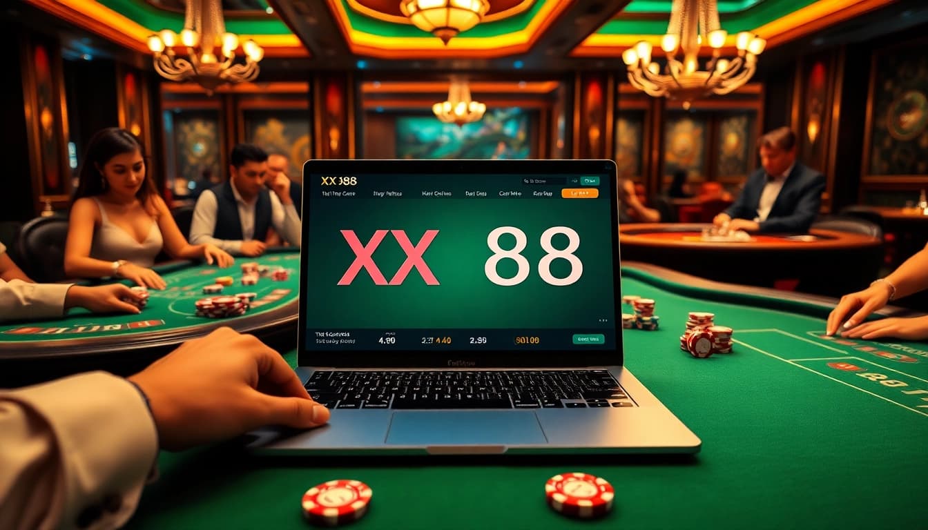 Players enjoying a luxurious casino experience with XX 88 online interface visible on a laptop.