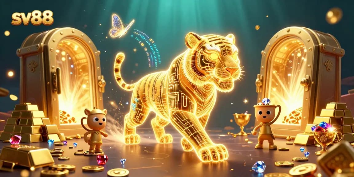 Experience thrilling wins at sv88, featuring a golden tiger and shimmering casino treasures.