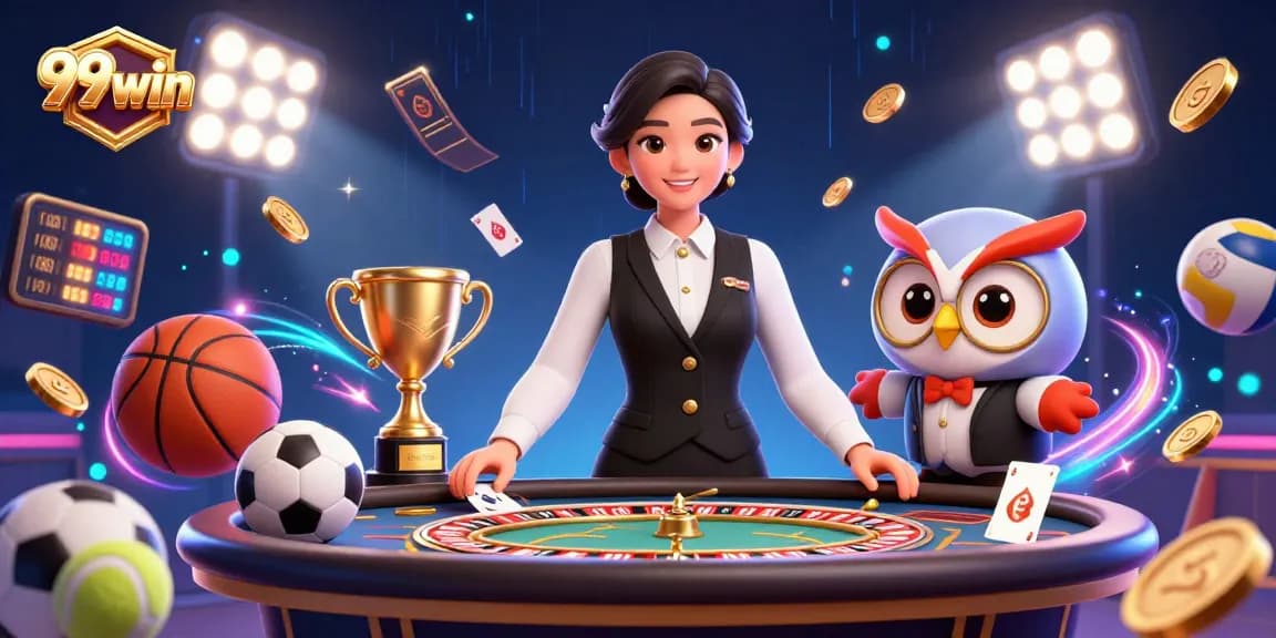 Engage with 99win's dynamic casino scene featuring Asian dealers and vibrant game elements.