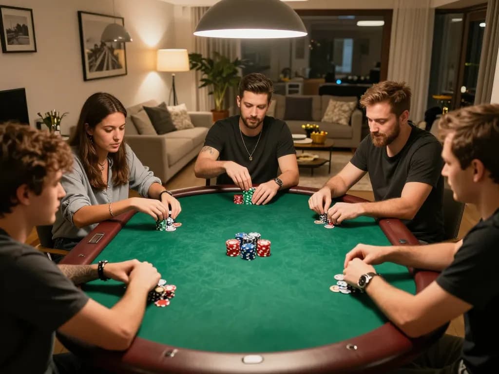 Engaged friends playing poker at home, showcasing Nhà cái Ga28 spirit in a vibrant social game night.