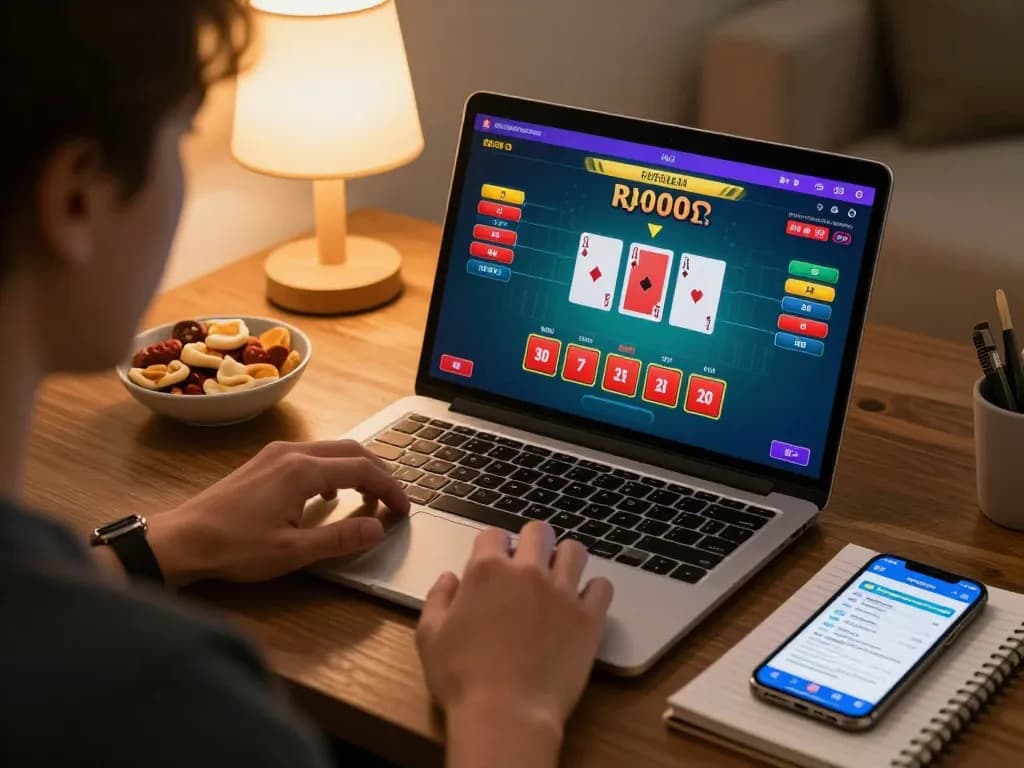 MM88 player strategizing blackjack bets on laptop at home with engaging casino atmosphere.