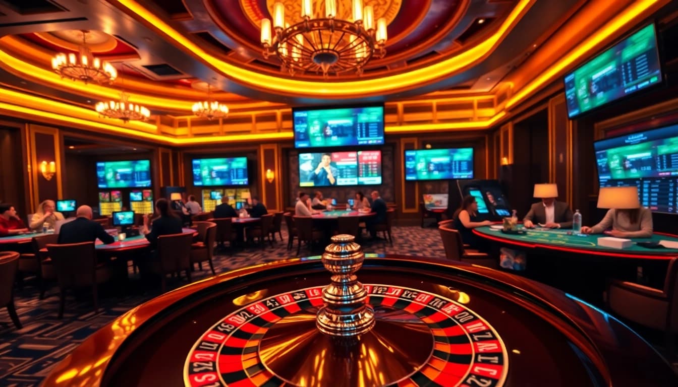 A player placing a bet at a luxurious casino, highlighting excitement at https://nk88zz.bio/.