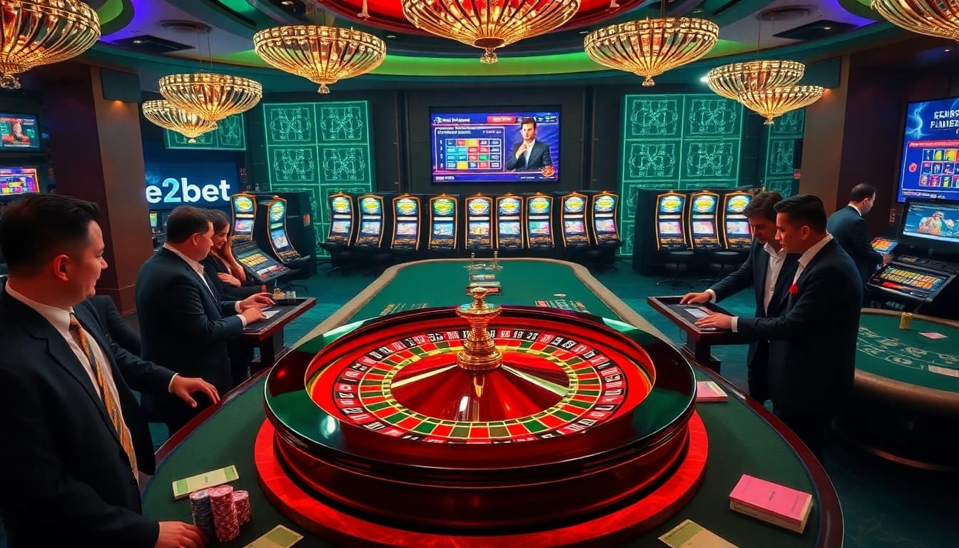 Experience the thrill of gaming at e2bet with vibrant casino tables and exciting roulette wheels.