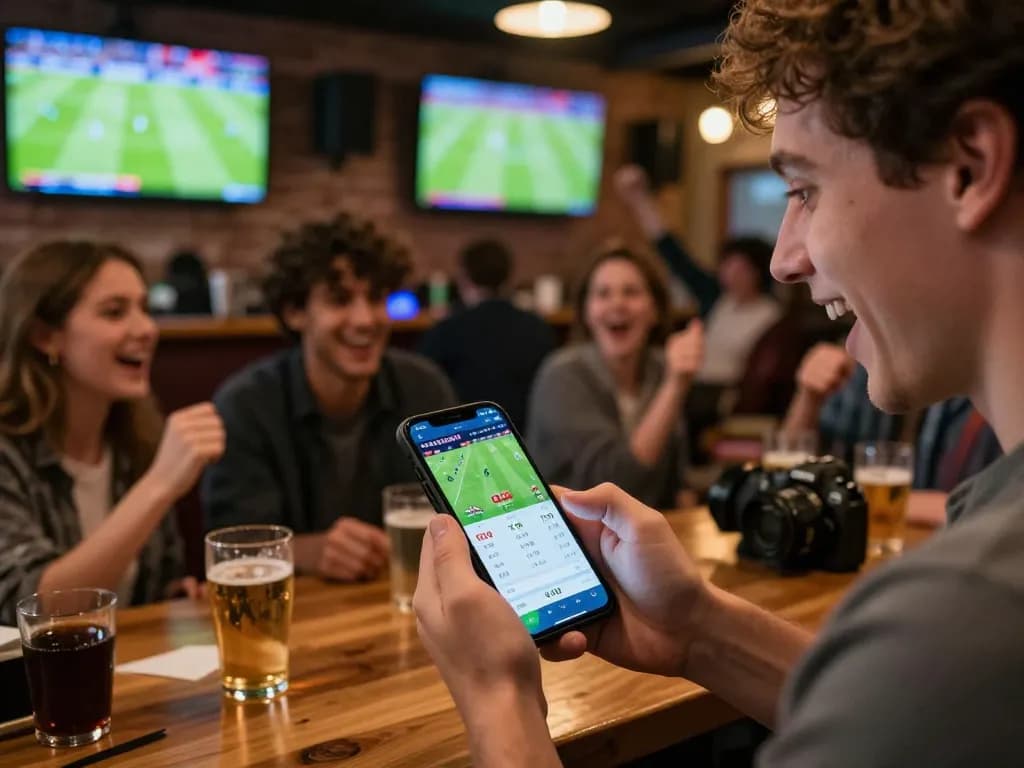 Cakhiatv user placing live bets on sports app amidst a lively sports bar atmosphere, embodying strategic sports betting excitement.