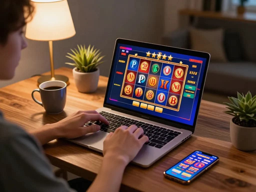 Player engaging in thrilling online casino action at hay88x on a stylish wooden desk.