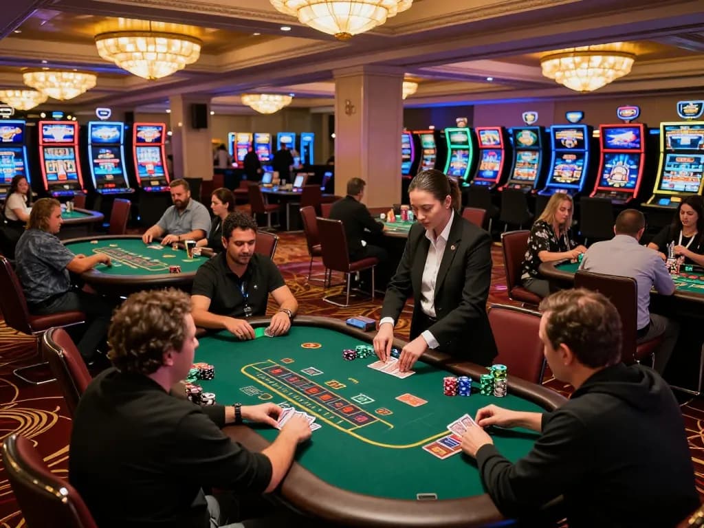 Players strategizing at blackjack tables in Fly88 casino, vibrant atmosphere enhanced by luxury decor and casino lighting.