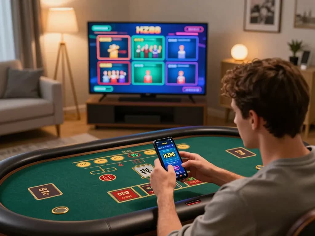 Player engaging with HZ88 casino app in a cozy home setting, showcasing online gaming excitement