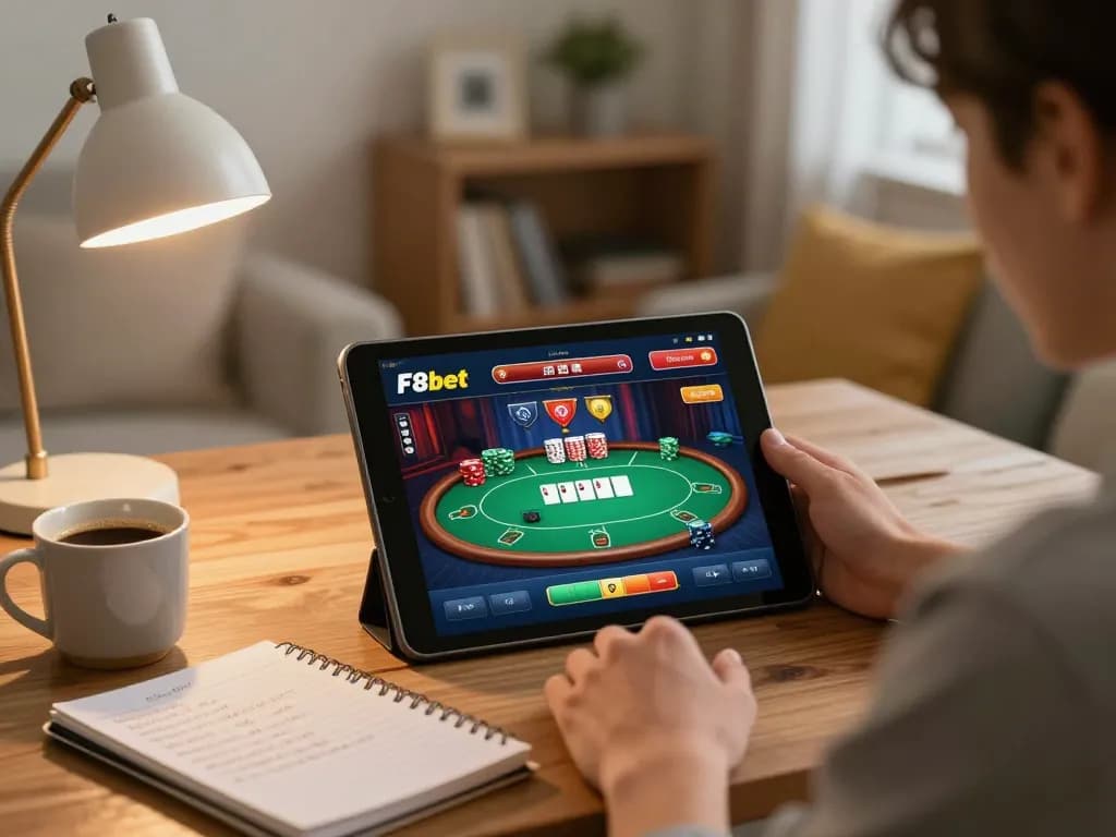 Engaging with F8bet's poker game on a tablet in a cozy living room setting.