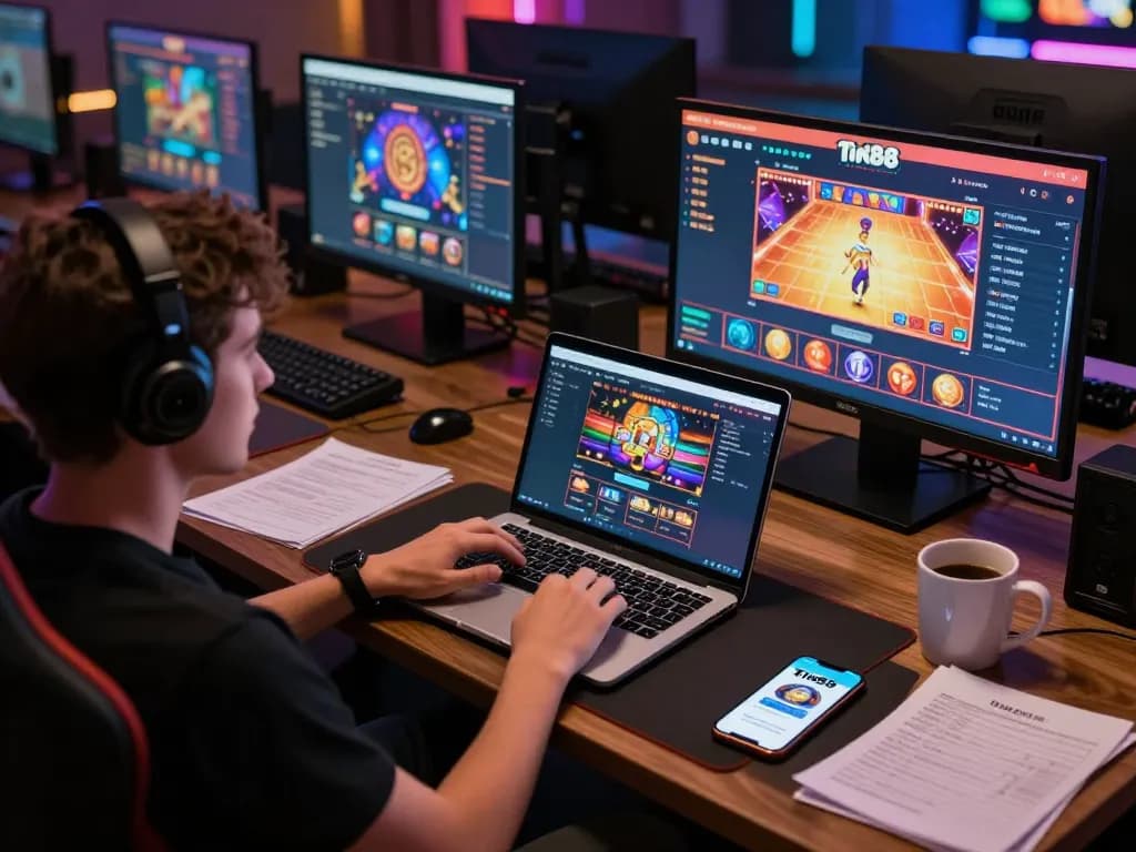 Tin88 user engaging with online casino games on laptop, showcasing a strategic gaming setup.