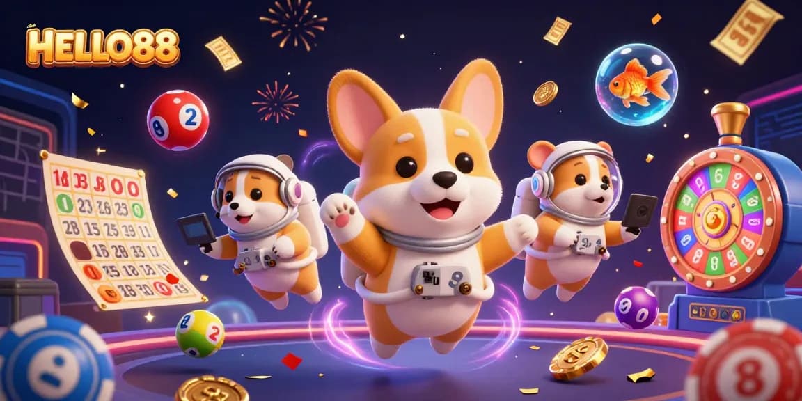 Engage with HELLO88 in a vibrant casino atmosphere featuring floating characters and dynamic elements.