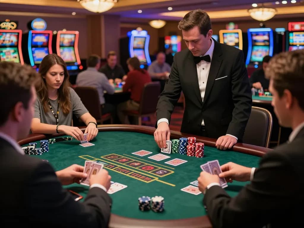 Players enjoying a thrilling blackjack game at a vibrant casino, showcasing the engaging atmosphere and strategic action of SC88.