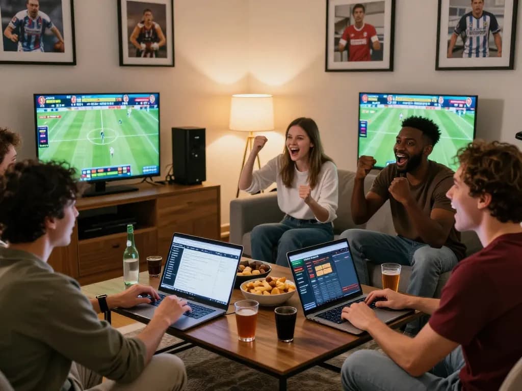 Friends enjoying vsbet sports betting at home with live match screens and snacks.