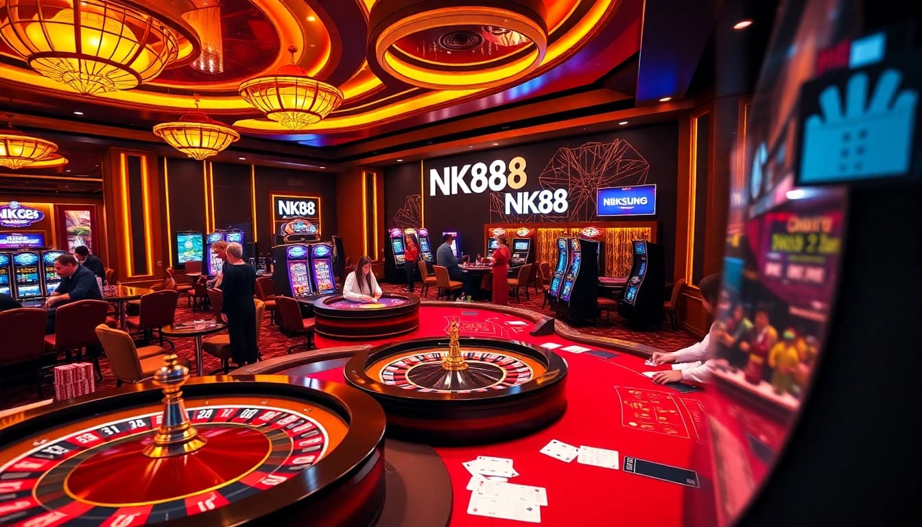 NK88 players engaging in high-stakes poker amidst a vibrant casino atmosphere.