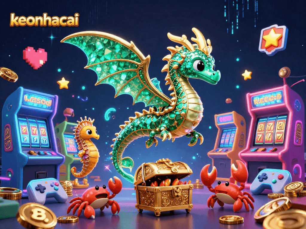 Engage in the vibrant keonhacai casino scene, featuring a dragon and slot game elements.