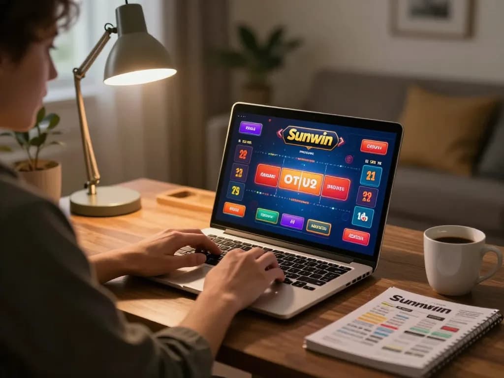 Player engaging in online casino games at Sunwin, showcasing a cozy home setup with strategy notes.