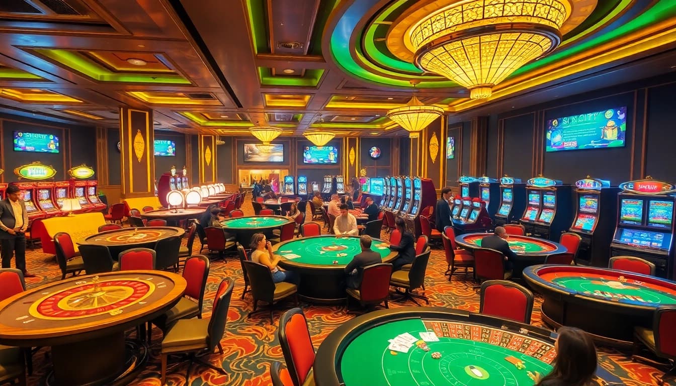 SUNCITY nhà cái players strategizing at an opulent casino table flooded with vibrant poker chips and cards.