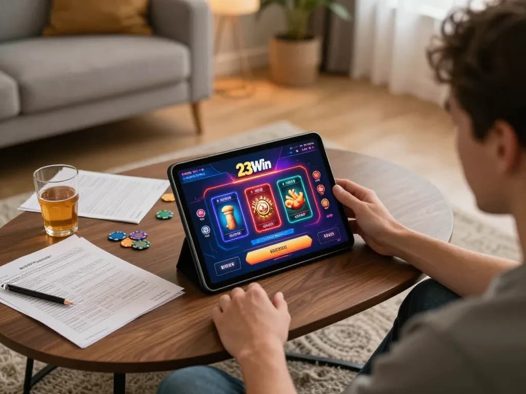 Player enjoys online gaming on 23Win tablet, surrounded by strategy notes and cozy decor.