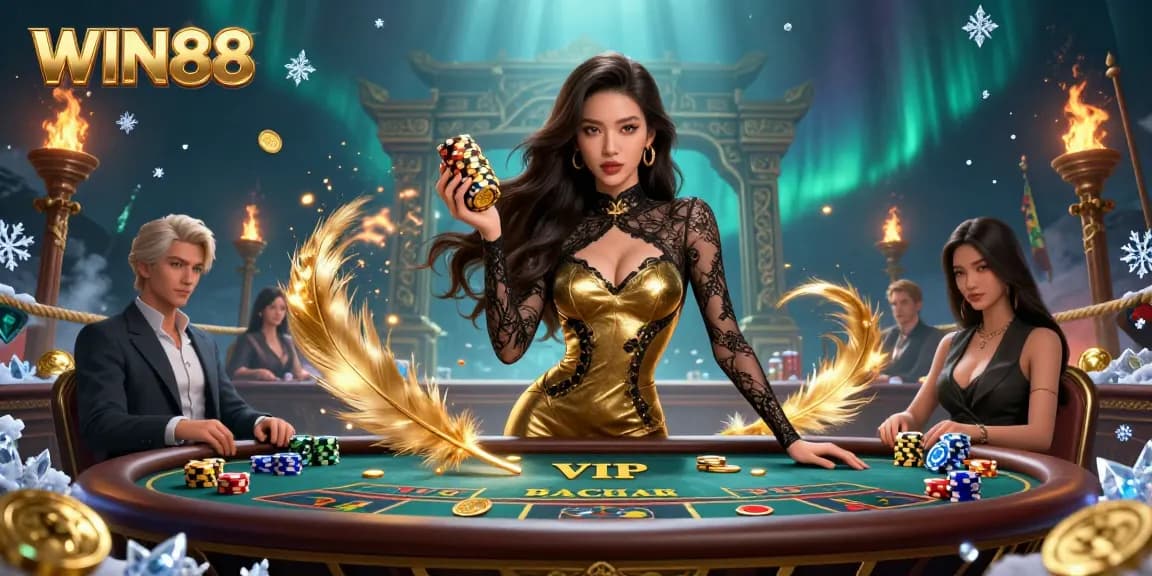 WIN88 VIP baccarat scene with a glamorous Asian woman holding high-value golden chips in a high-stakes casino atmosphere.