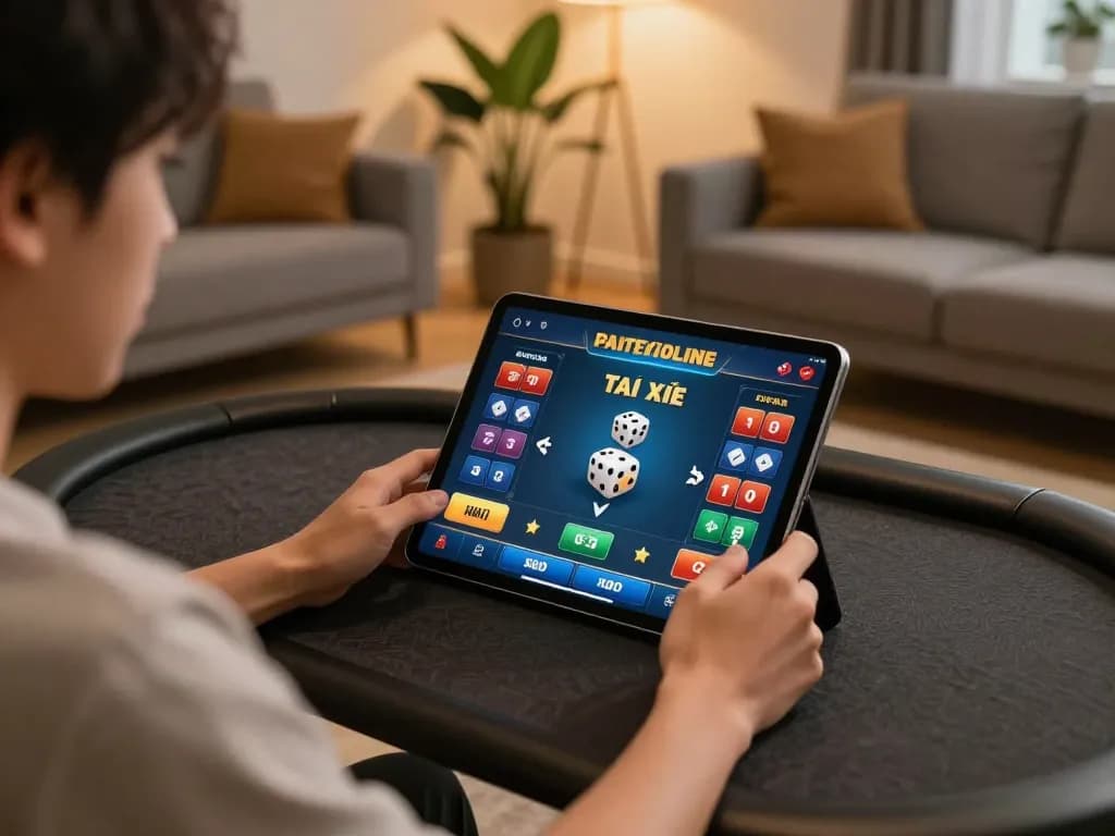 Tài xỉu online gameplay displayed on a tablet in a warm, cozy living room setting.
