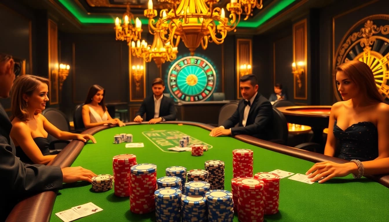 Exciting casino scene featuring HU88 betting slips on a vibrant poker table surrounded by glamorous players.