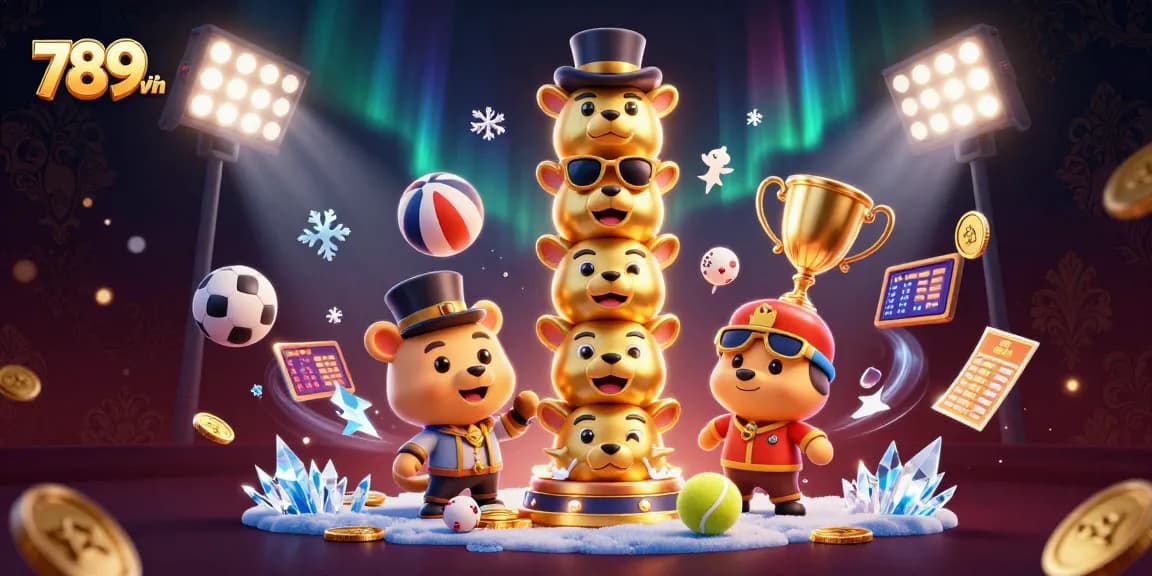 Experience the excitement of 789win with dynamic sports elements and a magical totem in a vibrant casino atmosphere.