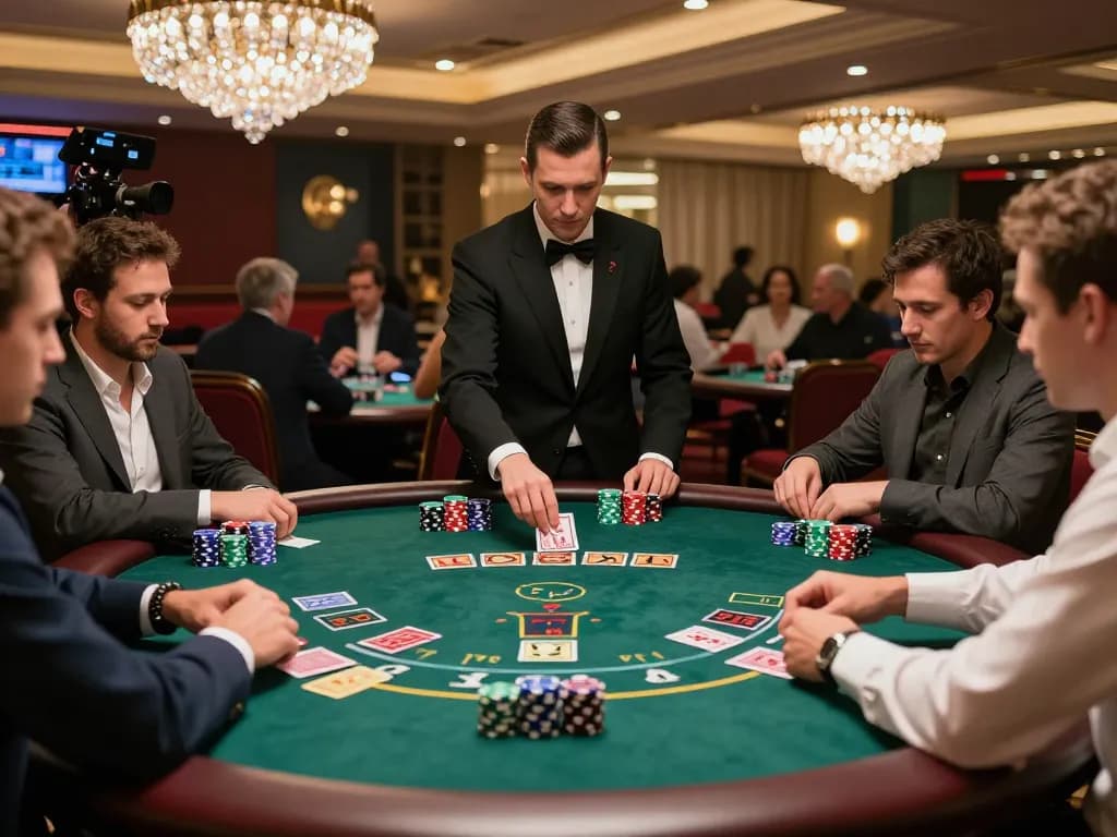 Players engaging at F8bet blackjack table, showcasing strategic gameplay with stacks of chips