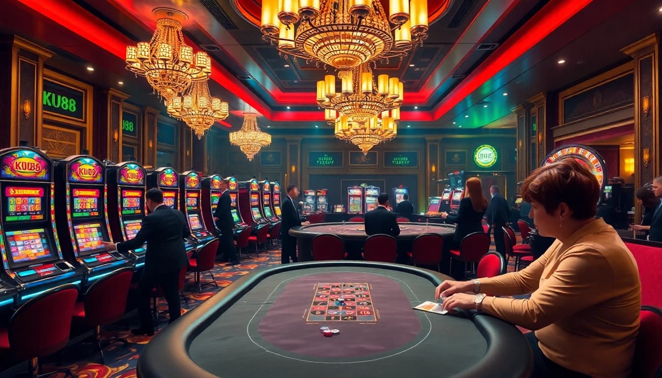 Exciting gambling atmosphere at KU88 casino with vibrant tables and luxurious details.