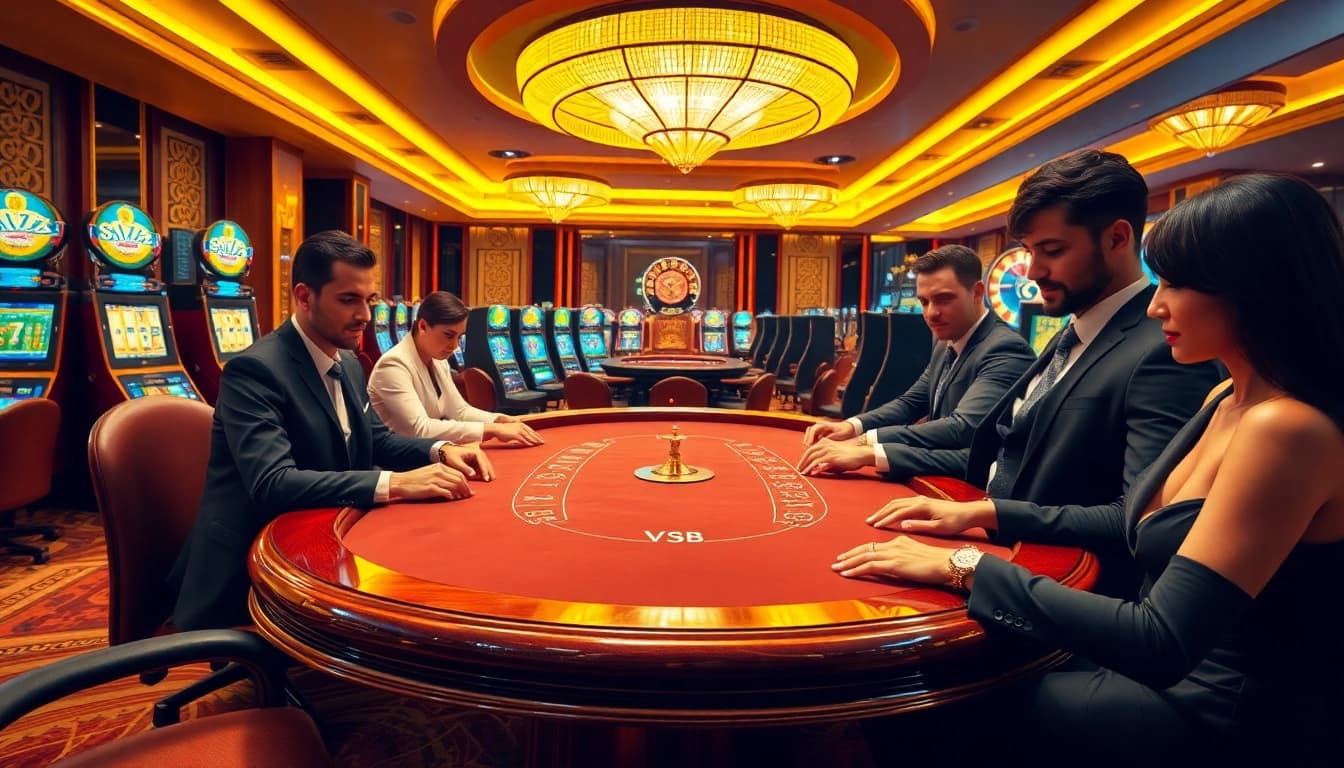 Exciting V7SB poker game in a luxurious casino setting with players and vibrant slot machines.