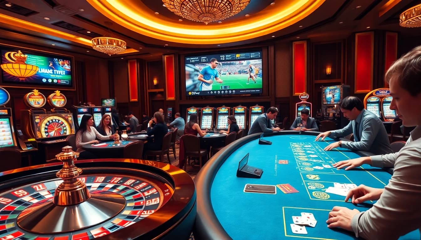 Experience the thrill of gambling with luongsontv, showcasing vibrant casino elements and live sports excitement.