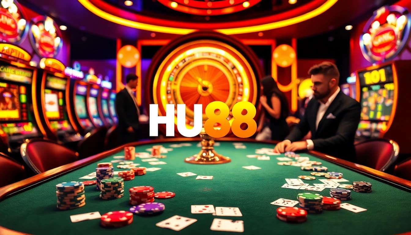 Engage in thrilling gameplay at HU88 casino tables with vibrant poker chips and cards.
