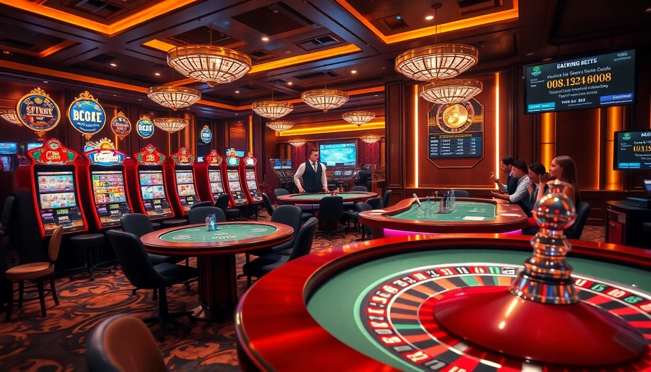 Experience the thrill of gambling at LC88 with vibrant casino tables and excited players.