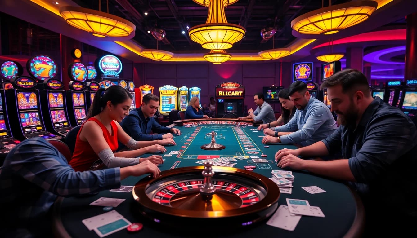 Engaging scene of players enjoying LC88 Game at a vibrant casino table amidst colorful slots and poker chips.