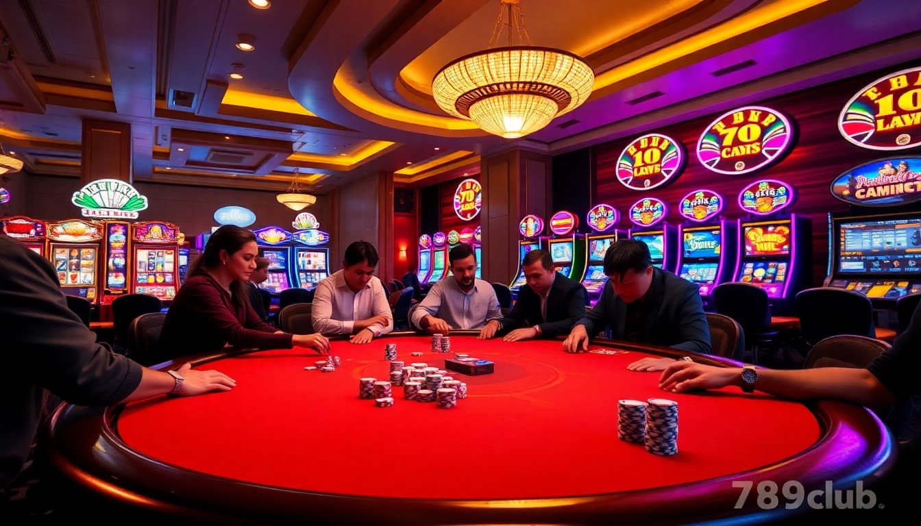 Experience the excitement of gambling at 789club with vibrant poker tables and slot machines.