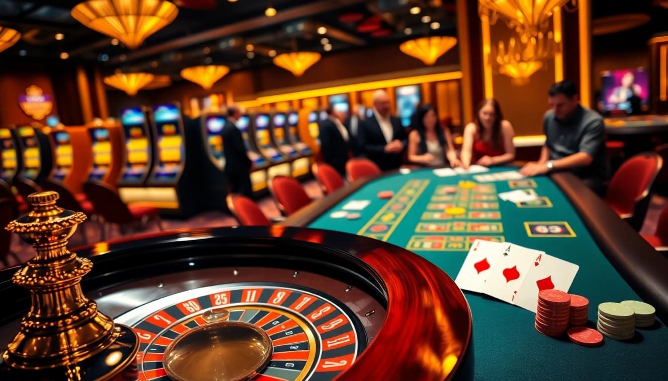 Gambling excitement at 888b Casino with players at roulette and slot machines.
