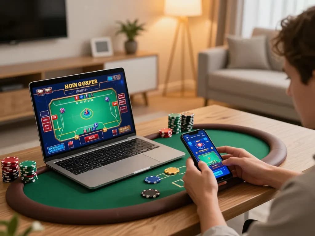 Engaging online casino gameplay at sumclub using a laptop and smartphone for bets.