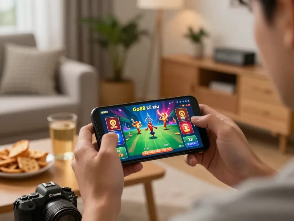 Engaging player enjoying Go88 tài xỉu on smartphone in cozy home setting, showcasing vibrant game interface.