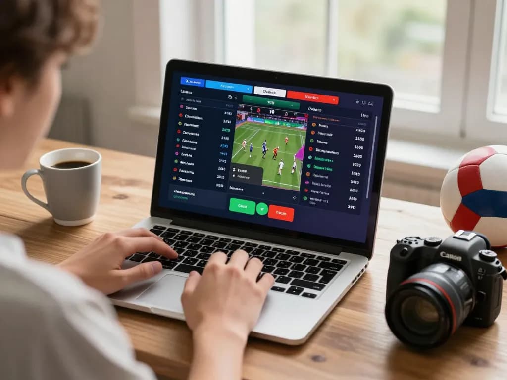 Engaged user exploring FLY88 sports betting interface on laptop in casual home setting.