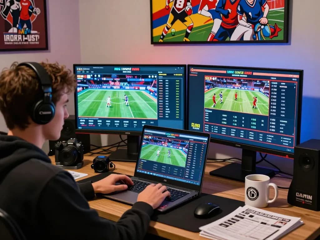Engaged player exploring bl555 online betting platform with vibrant atmosphere and dual monitors displaying dynamic odds